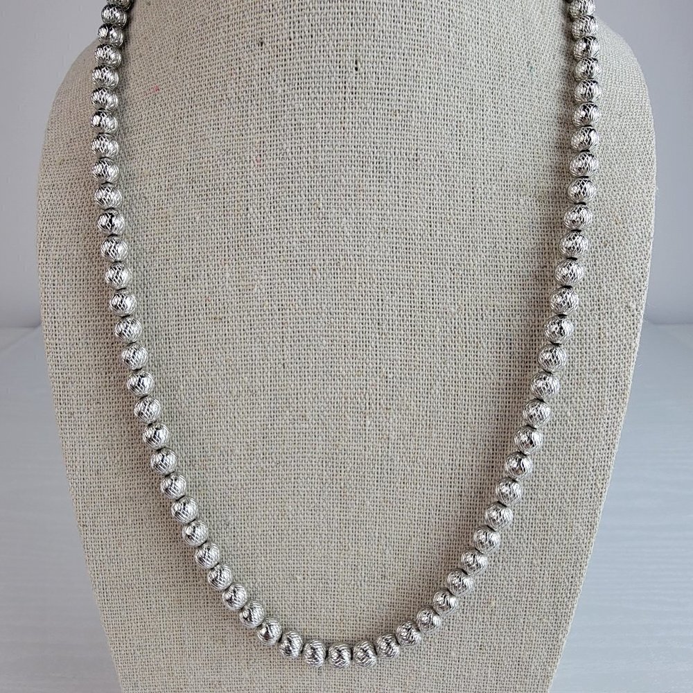 Vtg. Signed Crown Trifari Silver-Tone Textured Beads Necklace 32.5" Spring Ring